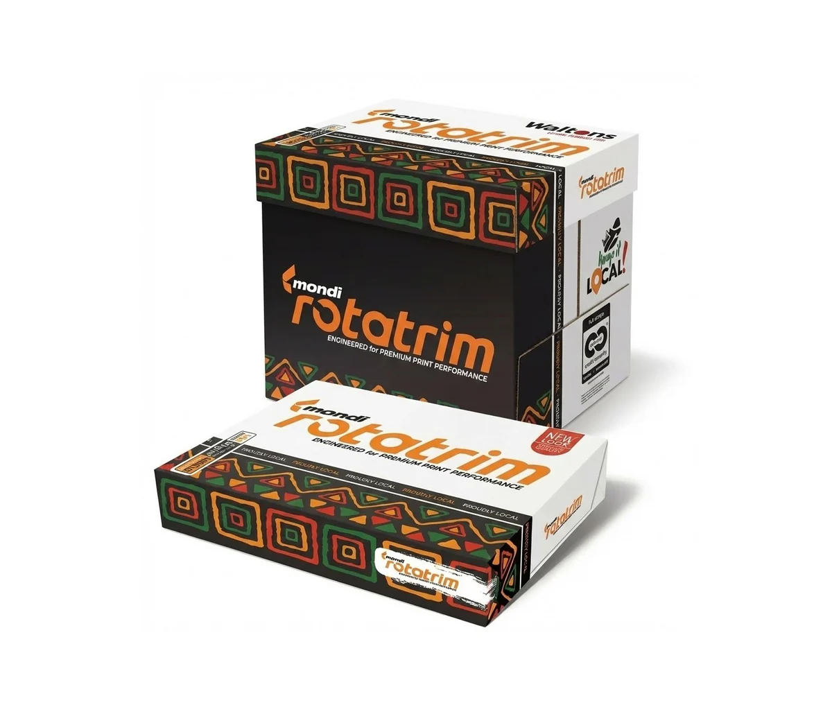 Mondi Rotatrim bulk box and ream with distinctive geometric pattern